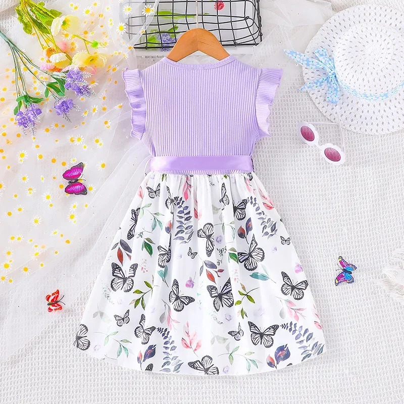 Set For Kids Girl 3-7 Years old Ruffled Sleeve Butterfly Floral Tulle Cute Princess Formal Dresses with Belt Ootd For Baby Girl 250408