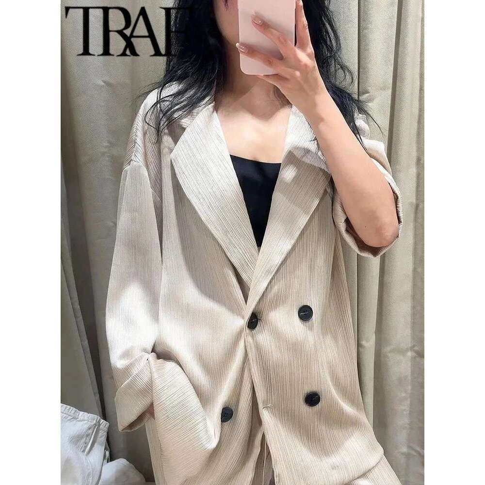 TRAF ROBE Y2k Women Sets Wide Leg Pants 2025 Spring Wrinkle Effect Oversize Office Jacket Coat Loose Blazer Suits OL Outfits