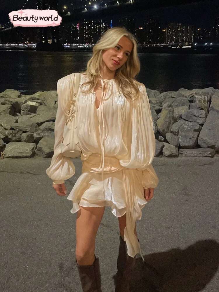 Elegant Ruffles Shiny Mini Dresses Fashion Solid Long Sleeve Lace Up V Neck Pleated Dress New Summer Party Women's Vestidos 2025