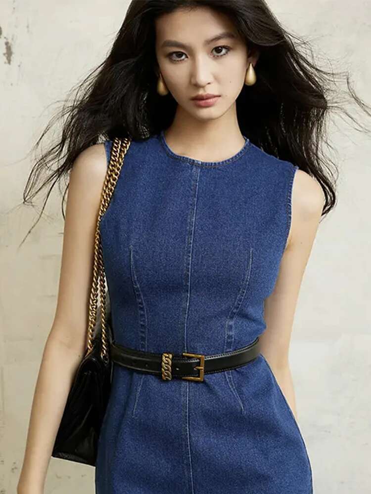 2025 Summer New Women's Skinny Fit Denim Dress Elegant O-Neck Sleeveless Waist-Cinching Midi Dresses Trendy Casual Streetwear