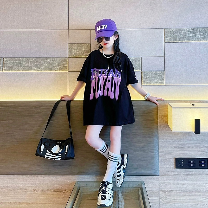 Ddmyshoesvip 220G Girls Short T Shirt For Summer New Long Half Sleeved Big Children S Stylish Loose Summer Outfit Explosive Street Top