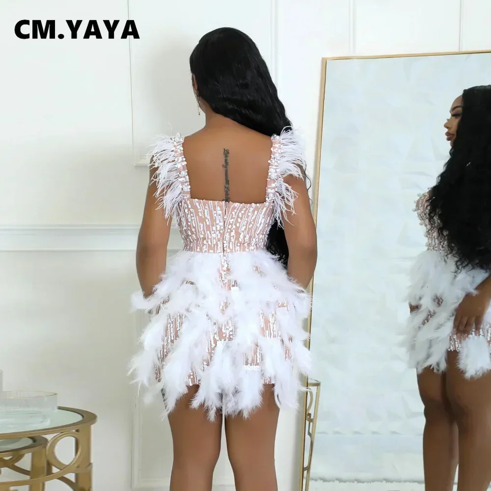 CM. YAYA Womens Sparkling Pearl Feather Belt Bodycon Midi Dress Summer Sleeveless Sexy Party Evening Dress Vestidos 250402