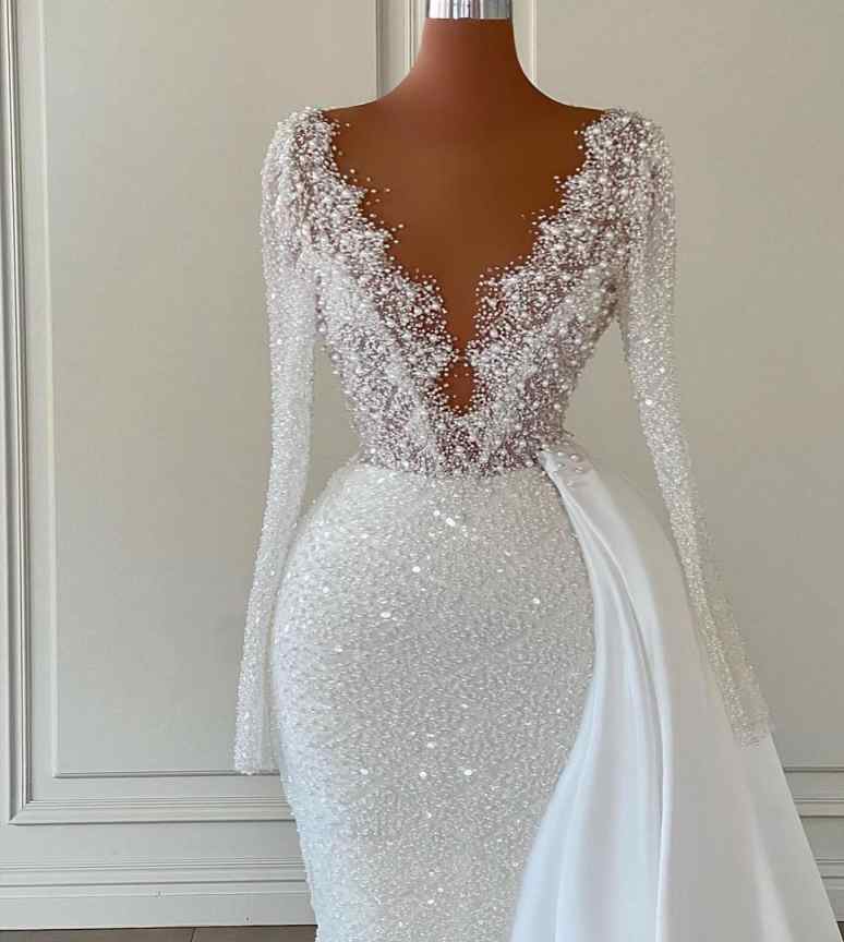 Crystals Mermaid Elegant Wedding Dresses With Sparkling Sequins Detachable Train Backless Party Plus Size Custom Made vestido de novia