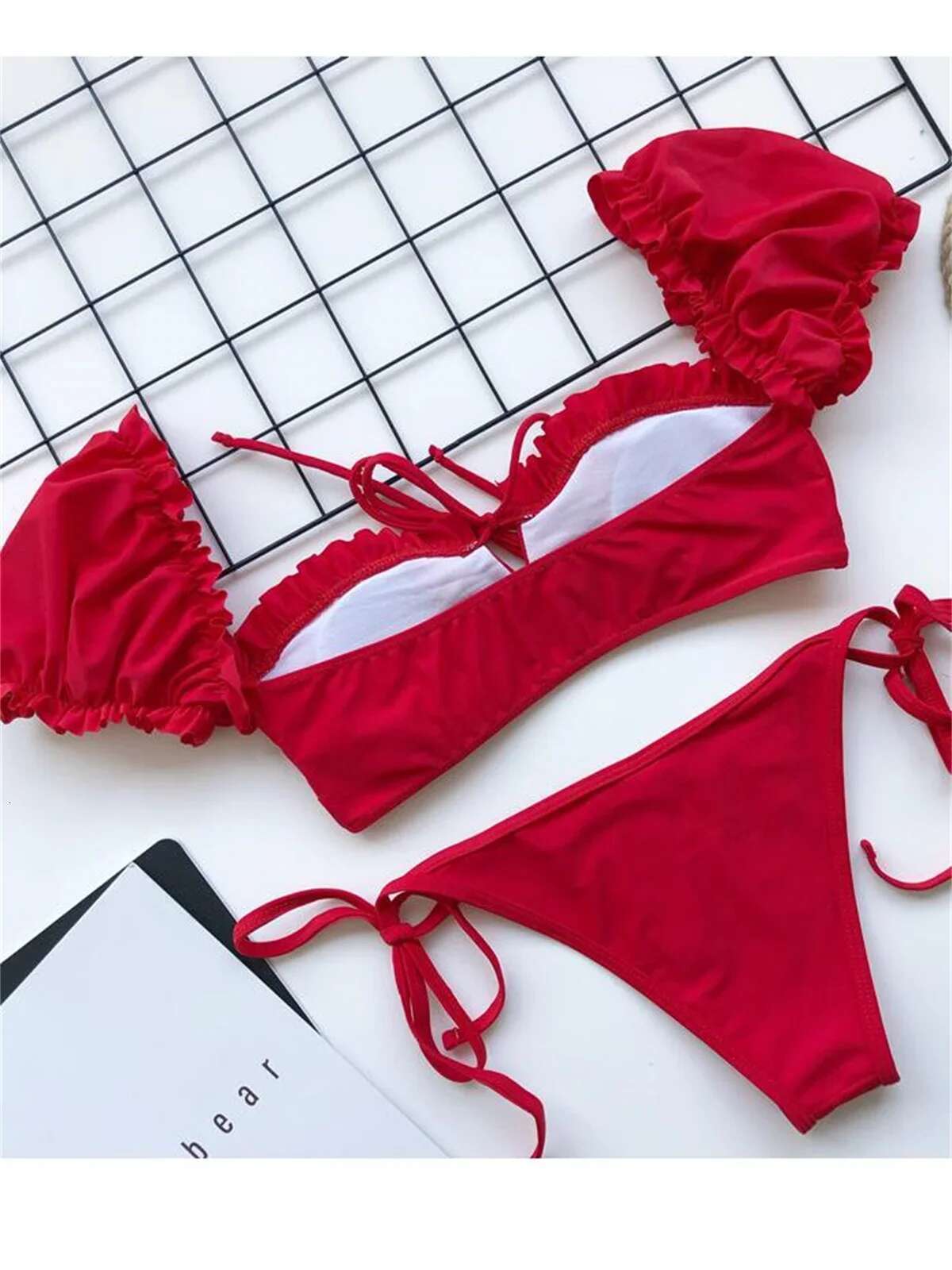 Dongdumaoyi Sexy Micro Bikini Women Red Black Short Sleeve Push Up Pleate Swimsuit Girl Bathing Suit Bandage Ruffles Thong Swimwear