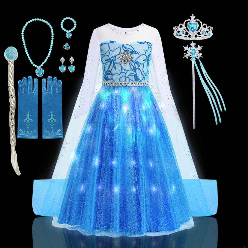 Disney Girls Princess LED Light Up Dress Birthday Carnival Party Luxury Elsa Costume Gowns Long Sleeve Beading Halloween Cosplay Cloth X250408