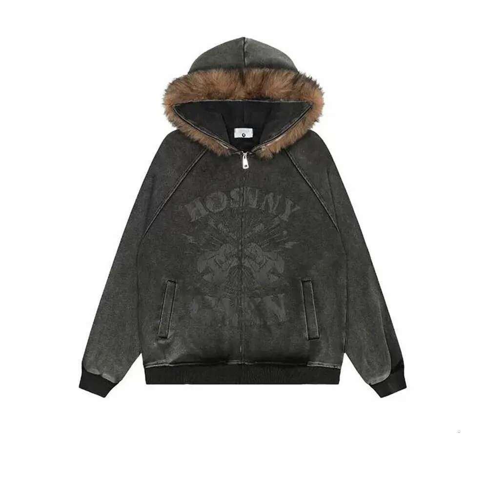 Print Hooded Jacket Mens Autumn Washed Distressed Rock High Street Loose Long Sleeve Zipper Fly Outerwear Men