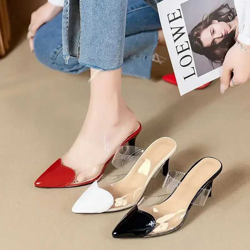 FHC Pointed Toe Slippers High Heeled Summer Shoes Transparent PVC Slides Outside Wearing Slip Black White Red 35-40 DropshipXJ250407