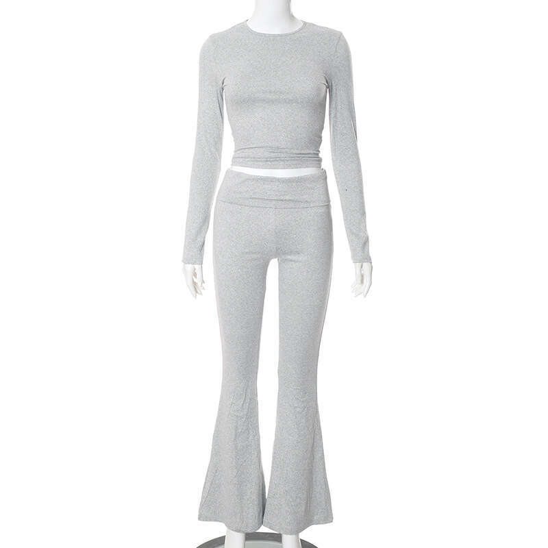 European American women's autumn winter clean color long sleeved fashionable pants two-piece set wholesale, 2025 new item, chic and elegant cloth