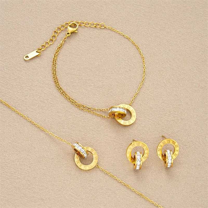 Elevate Your Style! Stainless Steel Roman Numeral - Inscribed Gold Jewelry Set Necklace Earrings Bracelet Y250408