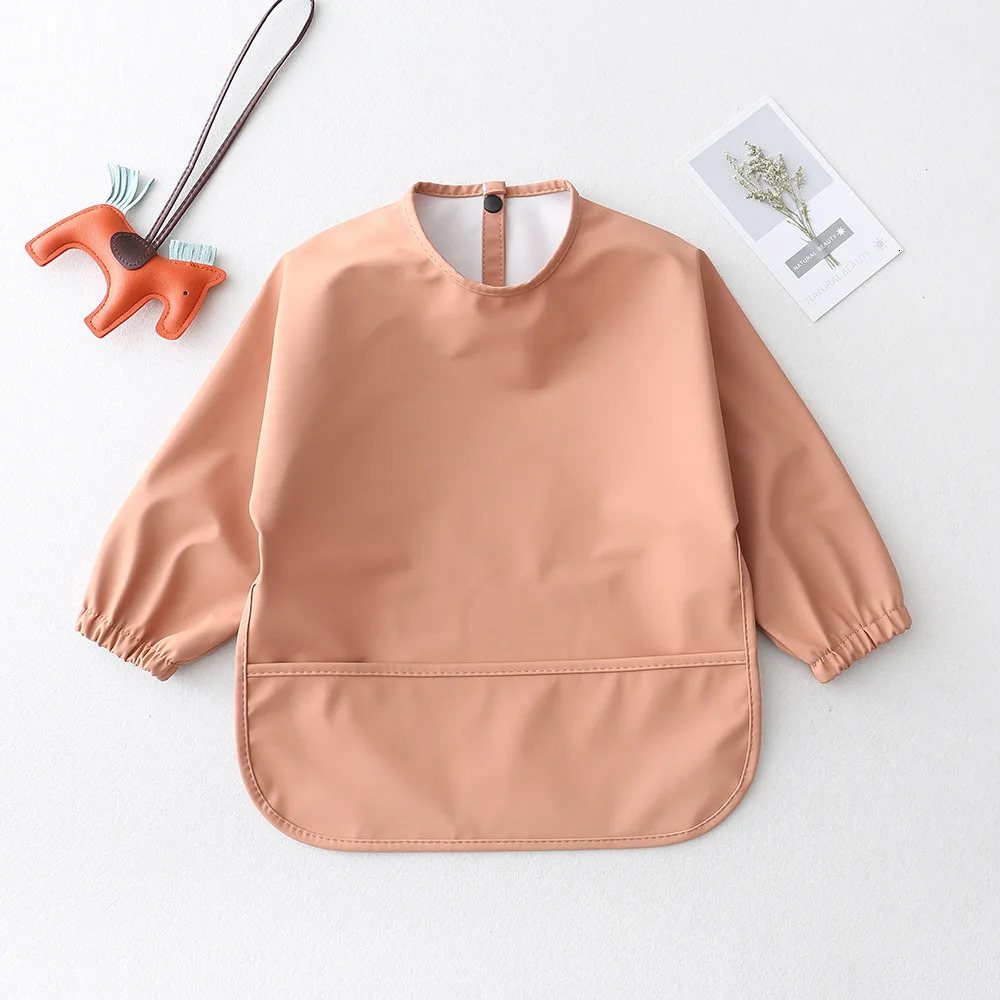 Solid Color Kids Baby Feeding Bibs Waterproof Long Sleeve Apron with Pocket Toddler Burp Cloth Boys Girls Anti-dirty Art Smock 250408