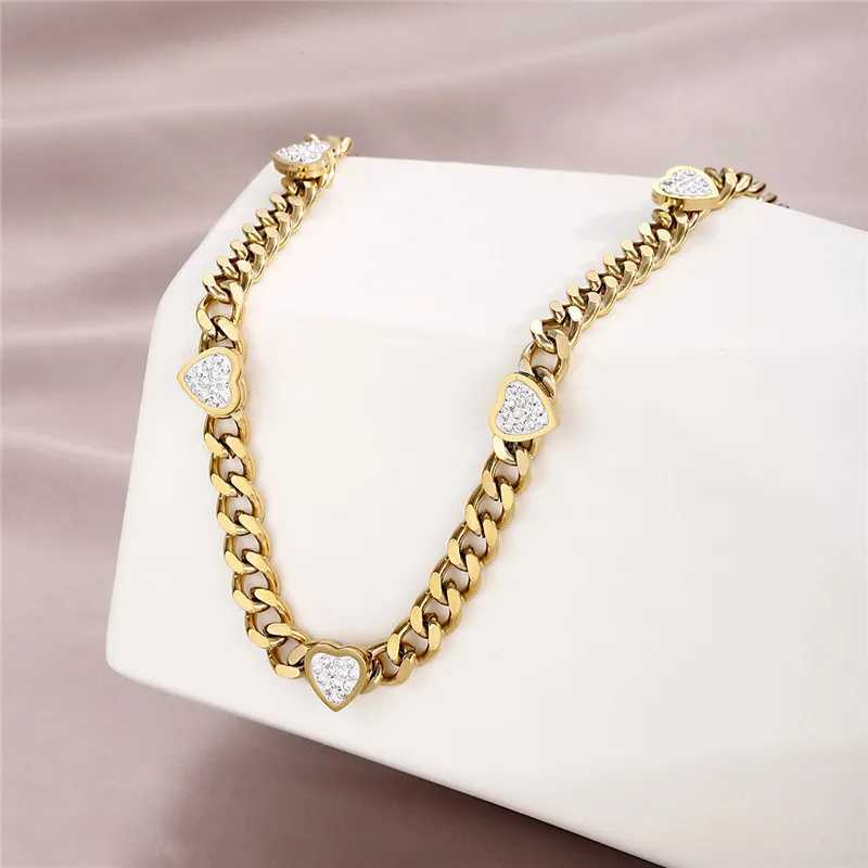 316L Stainless Steel Jewelry Set Golden - Plated Cuban Link Chain Necklace Bracelet With Heart - shaped Cubic Zirconia Inlays Y250408