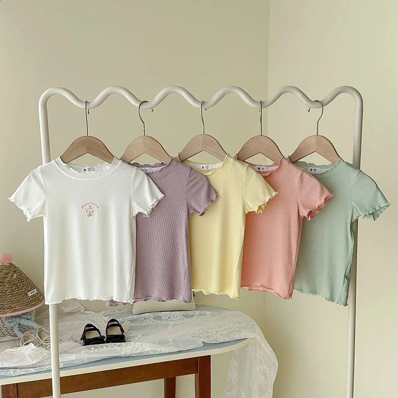 Summer Children Girls Ribbed Short Sleeve T-shirts Cotton Printed Sweet Kids Girls Tops Soft Thin Infant Babys Girls Tees 2-8Yrs 250408