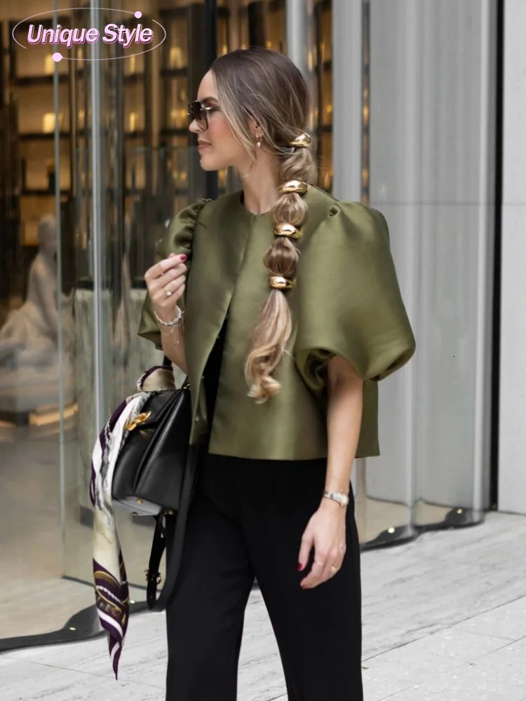 Womens Elegant Solid O-neck Satin Short Shirt Fashion Hidden Button Puff Half Sleeve Loose Top Womens Fashion Clothing 250402
