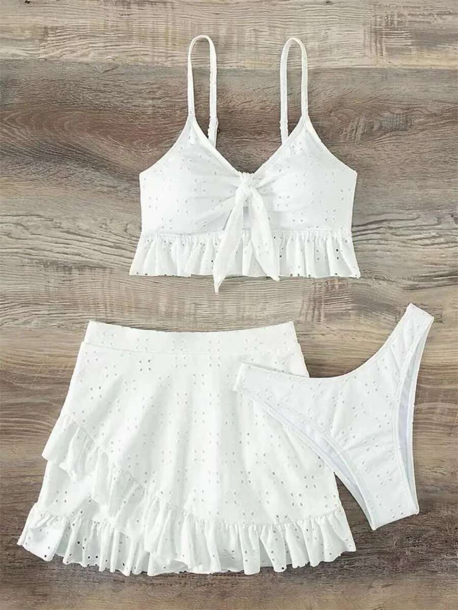 Dongdumaoyi Sexy White Piece Bikinis Set Women Halter Cut Out Tie Up Ruffles Push Skirt Swimsuit Bathing Suit High Waist Swimwear