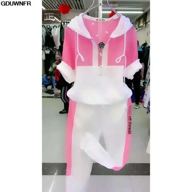2025 Summer New Women's Tracksuit Loose Fashion Casual Short Sleeve Hooded Top Pants Two Piece Sets Sweat Suit For Women Clothes