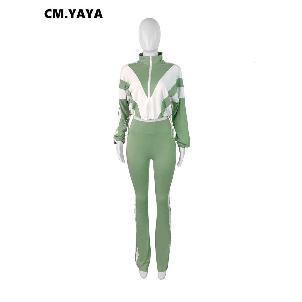 Cm.Yaya Active Patchwork Women's Set Zipper Sweatshirt Jacket And Long Pants Suit 2025 Sporty Two 2 Piece Sets Outfit Tracksuit