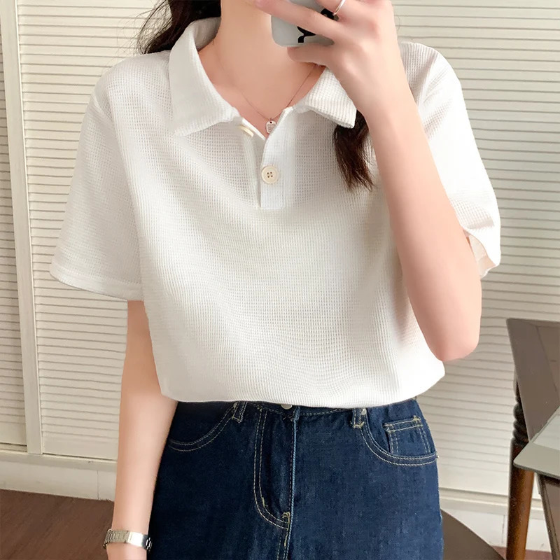 QOERLIN Matcha Green Waffle Short Sleeve T Shirt Women Summer Loose Top Casual Shirts Summer Polo Golf Woman Blouses 250408