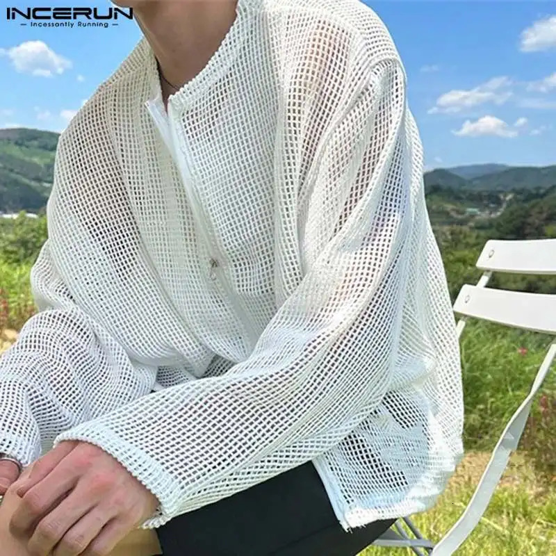 Fashion Well Fitting Tops INCERUN Mens Hollow Grid Zipper Shirts Casual Streetwear O-neck Long Sleeved Blouse S-5XL 250407