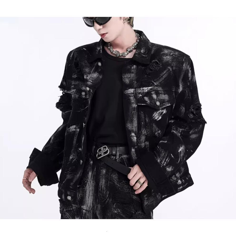 High street American style cool and bold ink jacket mens suit street fashion brand hip-hop loose casual workwear denim suit240903