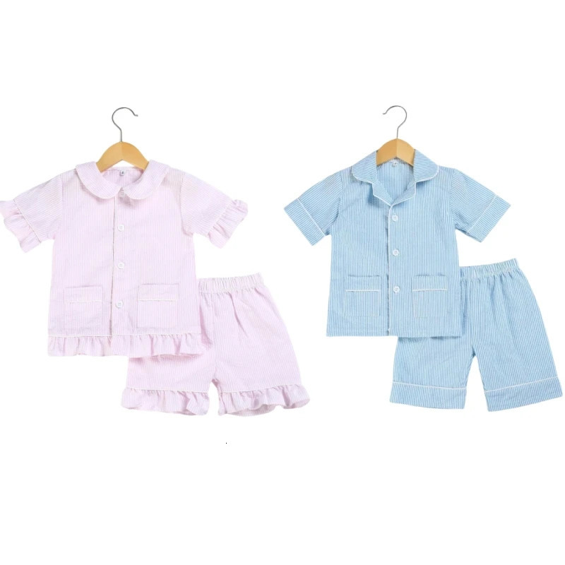 Ruffkids Summer Kids Pajamas Cotton Seersucker Sibling Matching Pjs Sleepwear Baby Clothes Loungewear Girls Boys Pyjamas Sets 250407