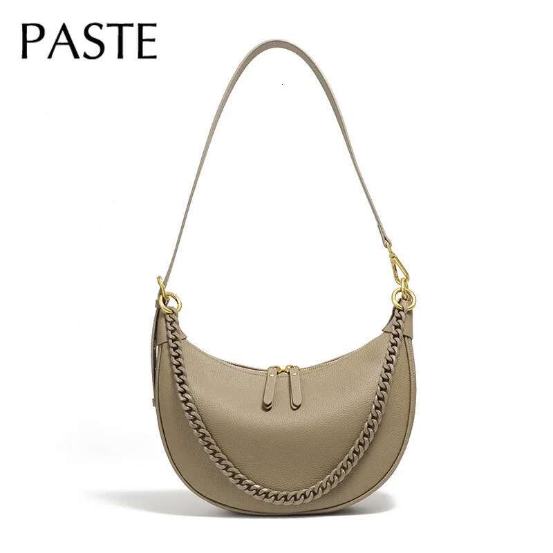 2025 Leisure Chain Design Half Moon Hobo Tote Beige T Pattern Cowhide Leather Women Shoulder Bag High-End Commuter Handbag