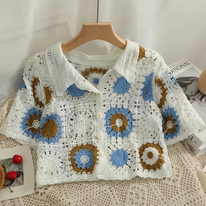 OUMEA Women Knitted Patchwork Crochet Polo Shirts Summer Vintage Buttons Front Knitted Crop Tops Bohemian Style Retro Tops 250408