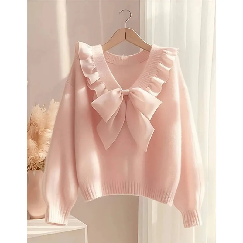 Pink Bow Knited Sweater Sweatshirt Unique Super Beautiful Long Sleeved Top 2025 Spring Autumn Women Knitwear Pullover Shirt 251104