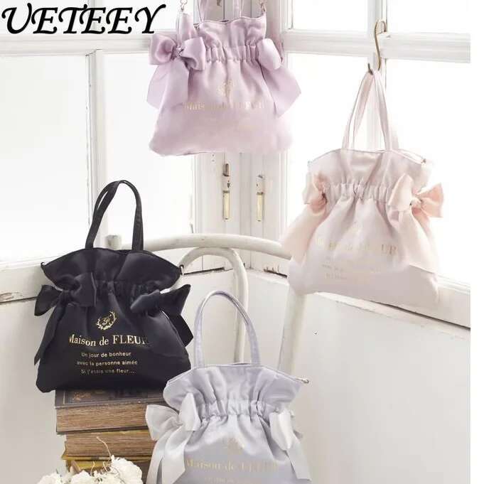 Japanese Satin Cute Sweet Double Bow Portable Women Niche Storage Shopping Messenger Bag With Long Shoulder Strap