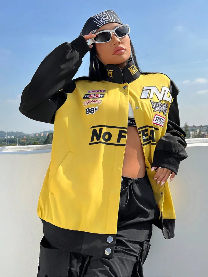 Black and yellow shoulder patchwork womens heavyduty industrial jacket 250407