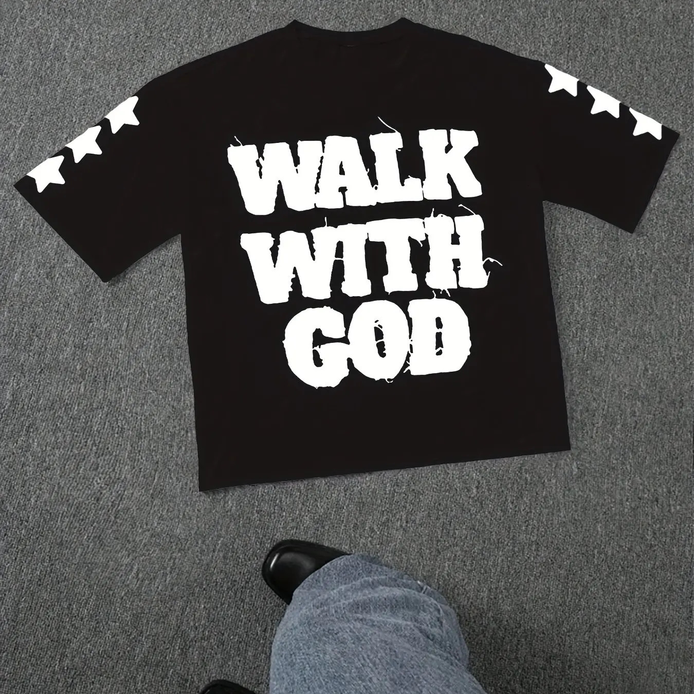 Summer Mens Black Walking with God Pattern Tshirt Casual Short Sleeve White Letter Printed Starry Sky n 250331