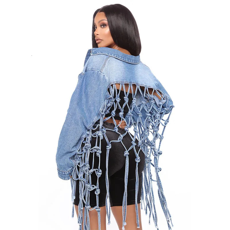 Womens Spring Jacket Denim Trimmed Mesh Tassel Sexy n Retro Coat Oversized Y2K Short Jeans 250407