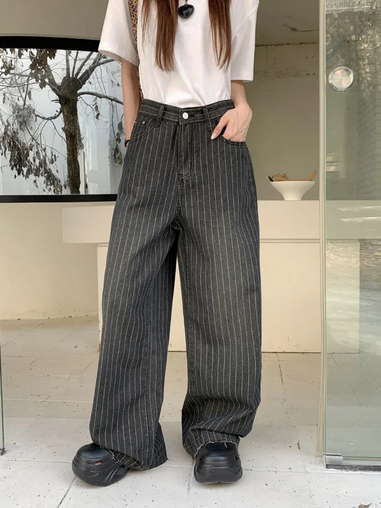 Ropa Y2K Fashion Retro Striped Wide Leg Luggage Jeans Womens Dress Straight Wash Black Casual Women Trouser 250407