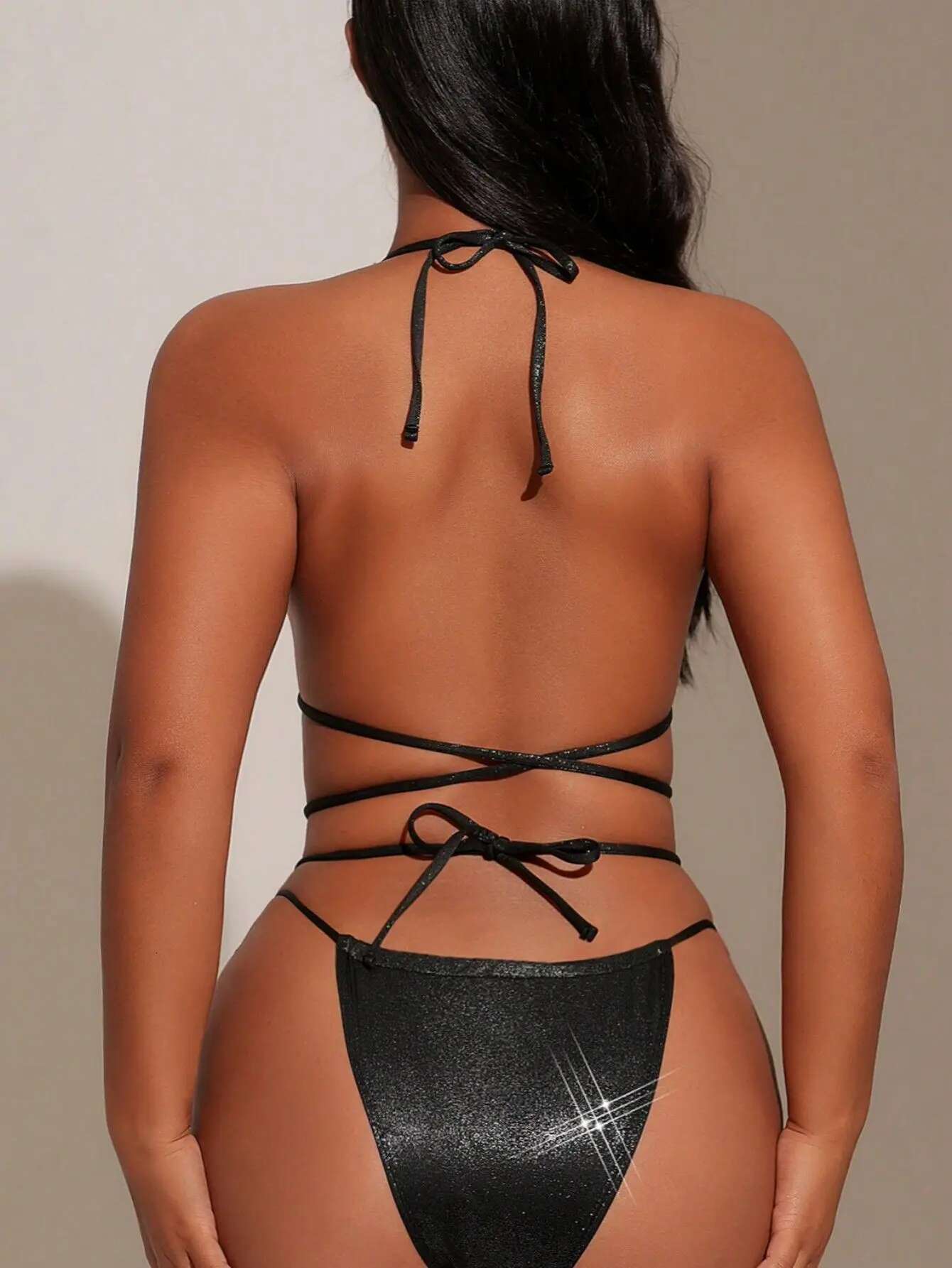Dongdumaoyi Sexy Triangle Bikini Women Shiny Black Push Up Criss Cross Bandage Micro Swimsuit Beach Bathing Suit Thong Swimwear Biquini