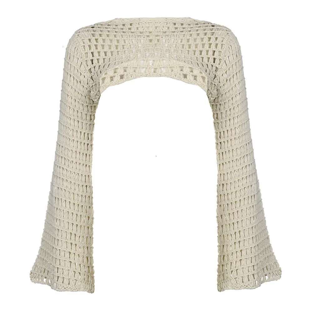 Y2k Crochet Knit Hollow Out Crop Top Long Flared Sleeve Shrug Sweater Mesh Cover Ups Cardigan Streetwear Pullover Women