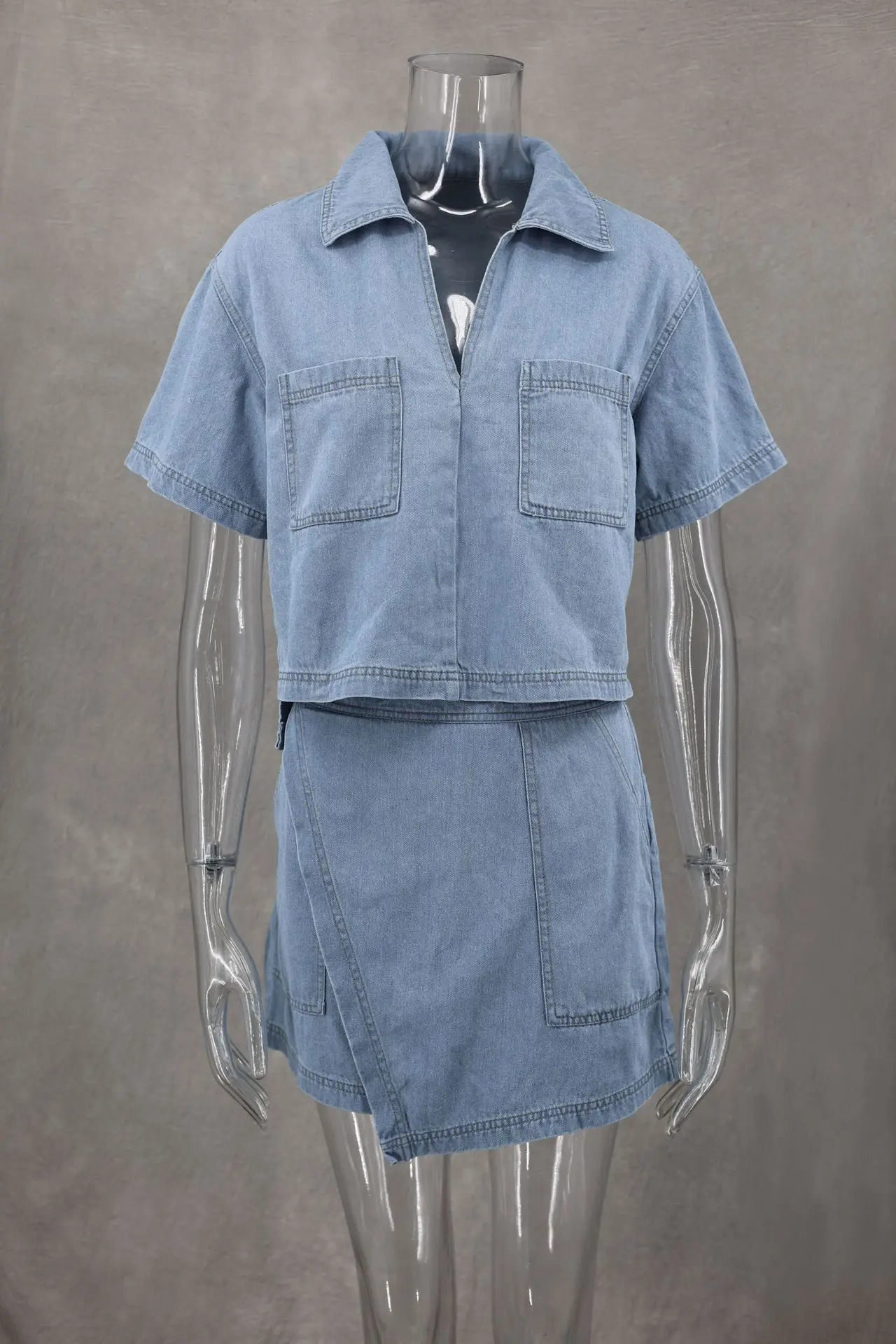 Summer Women Blue Denim Skirt Suit Loose 2 Piece Set Short Sleeve with Pocket Shirt and Irregular Skirt Female Street Out 250408