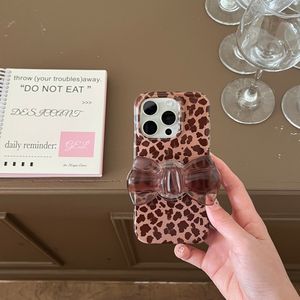 Full Edge Leopard Print Bow Stand Phone Case Compatible with iPhone 17/16 Pro Max Personalized iPhone 15/14