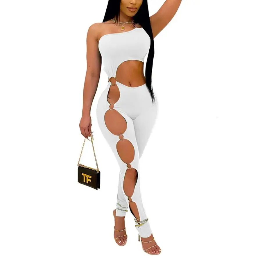 White Sexy Women Outfit Hollow Out Jumpsuit Sleeveless One Shoulder Rompers Holes Sexy Overall Backless Rompers Womens Jumpsuit 250407