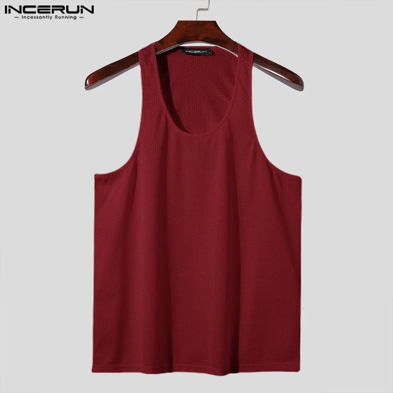 INCERUN mens tank top solid hollow O-neck sleeveless summer mens vest transparent quick drying streetwear casual mens clothing 250403