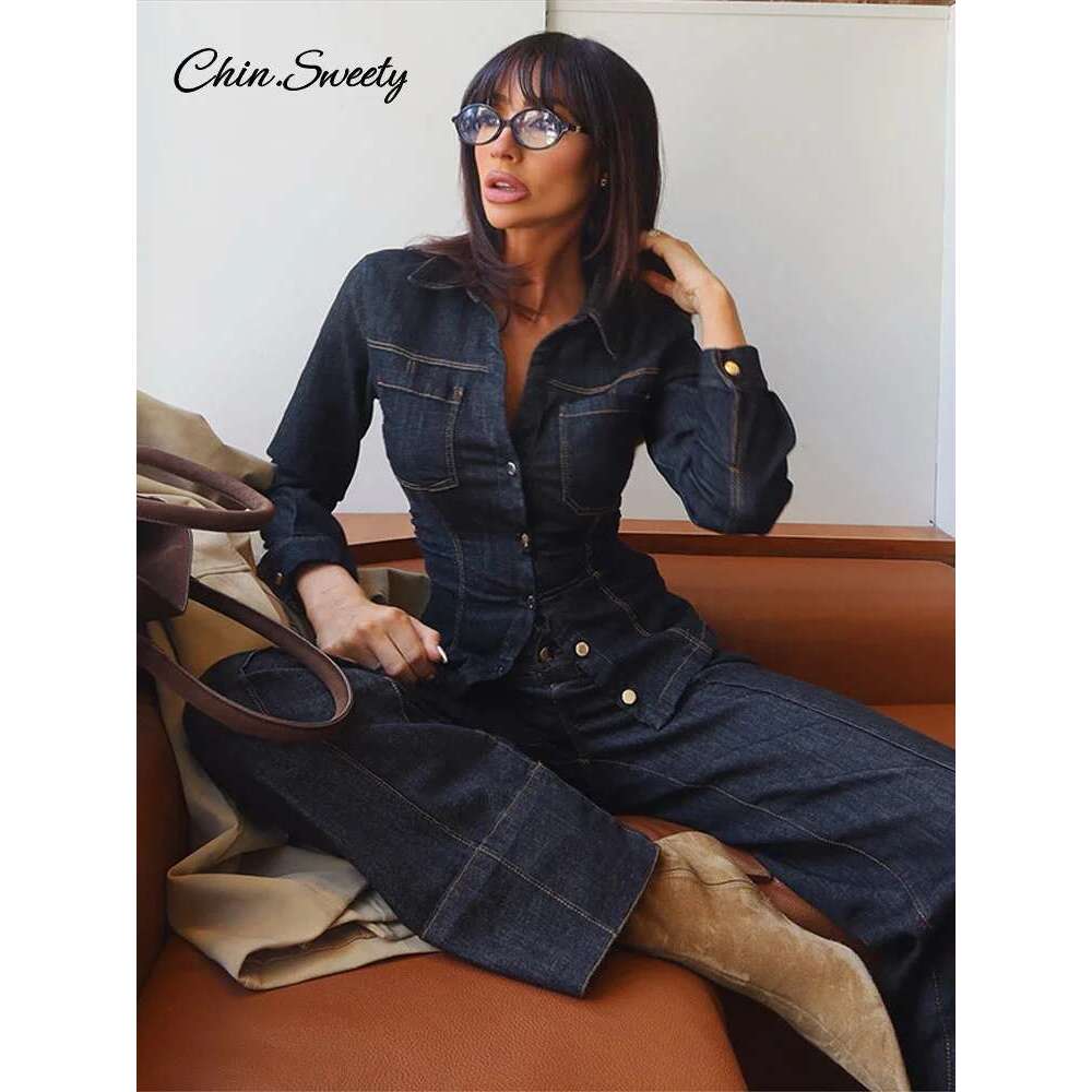 Denim Jeans Suits Women Waist Up Lapel Single Breasted Long Sleeve Coat Wide Leg Pants Spring Pleat High Street Sets 2 Pieces
