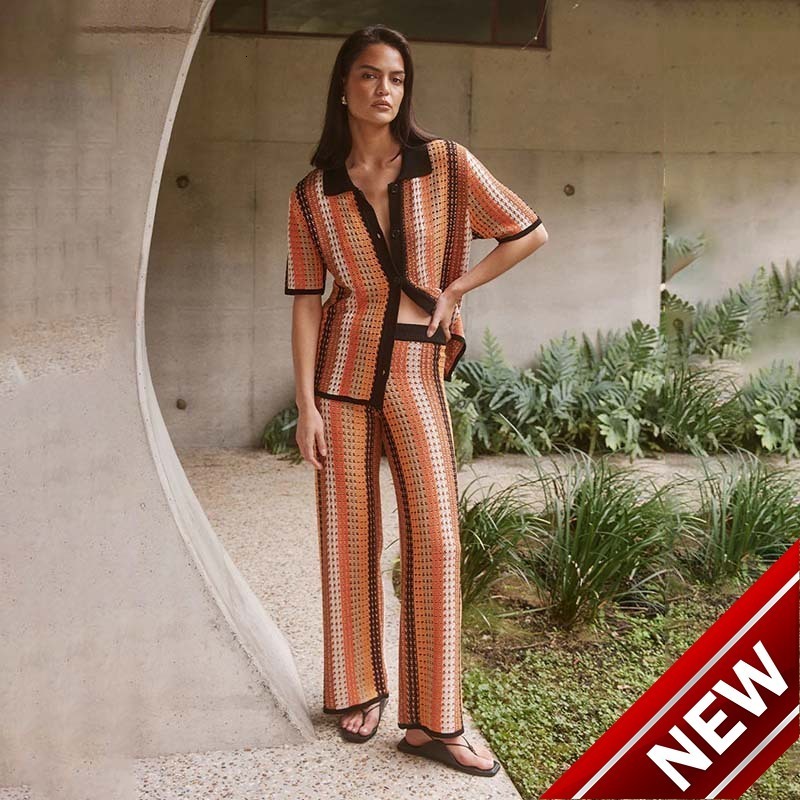 New casual suit womens knitted striped long pants short sleeved hooded dress