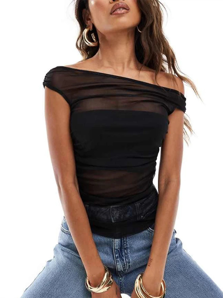 Nibber Tank Tops Women Biased Collar Patchwork Mesh Double Deck Sexy Solid Summer Midnight Coquettish Party Clubwear Vest 250407