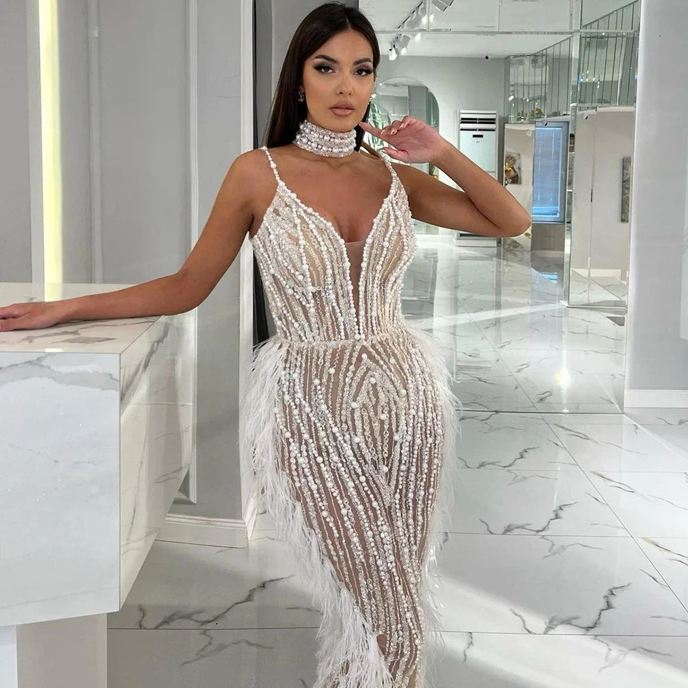 White nude mermaid spaghetti strap beaded feather evening dress dance dress womens wedding party LA72047 customization 250402