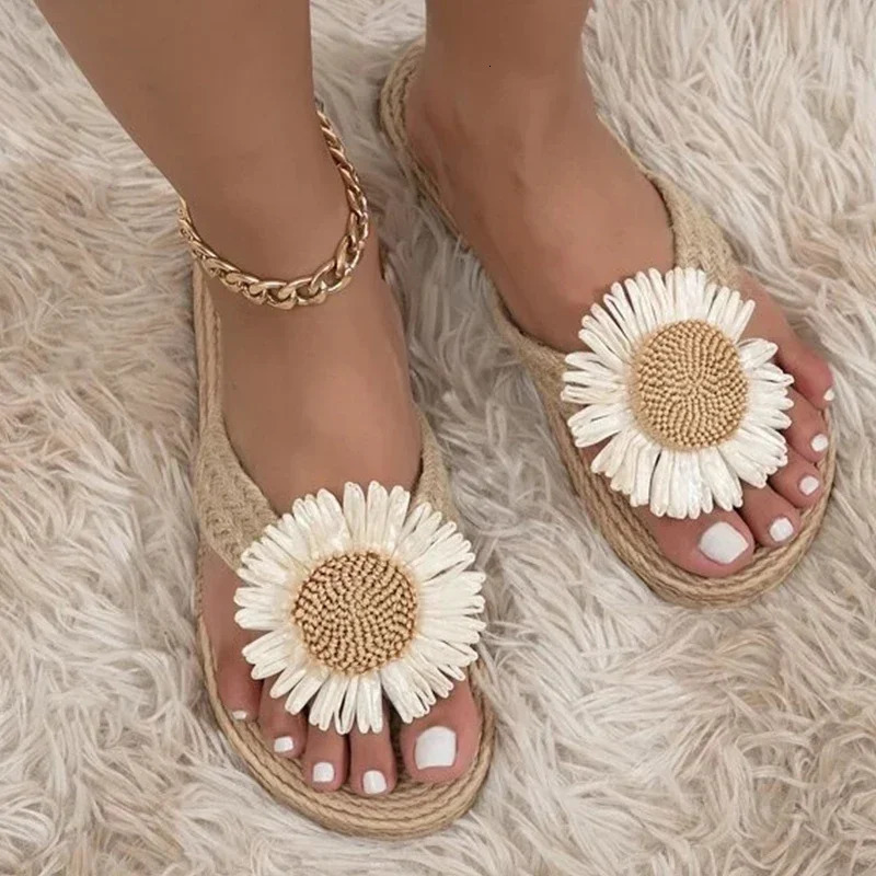 Linen Flower Decor Flip Flops Fashion Women Slides Flat Heel Outdoor Beach Summer Woman Slippers Ladies Shoes 250408