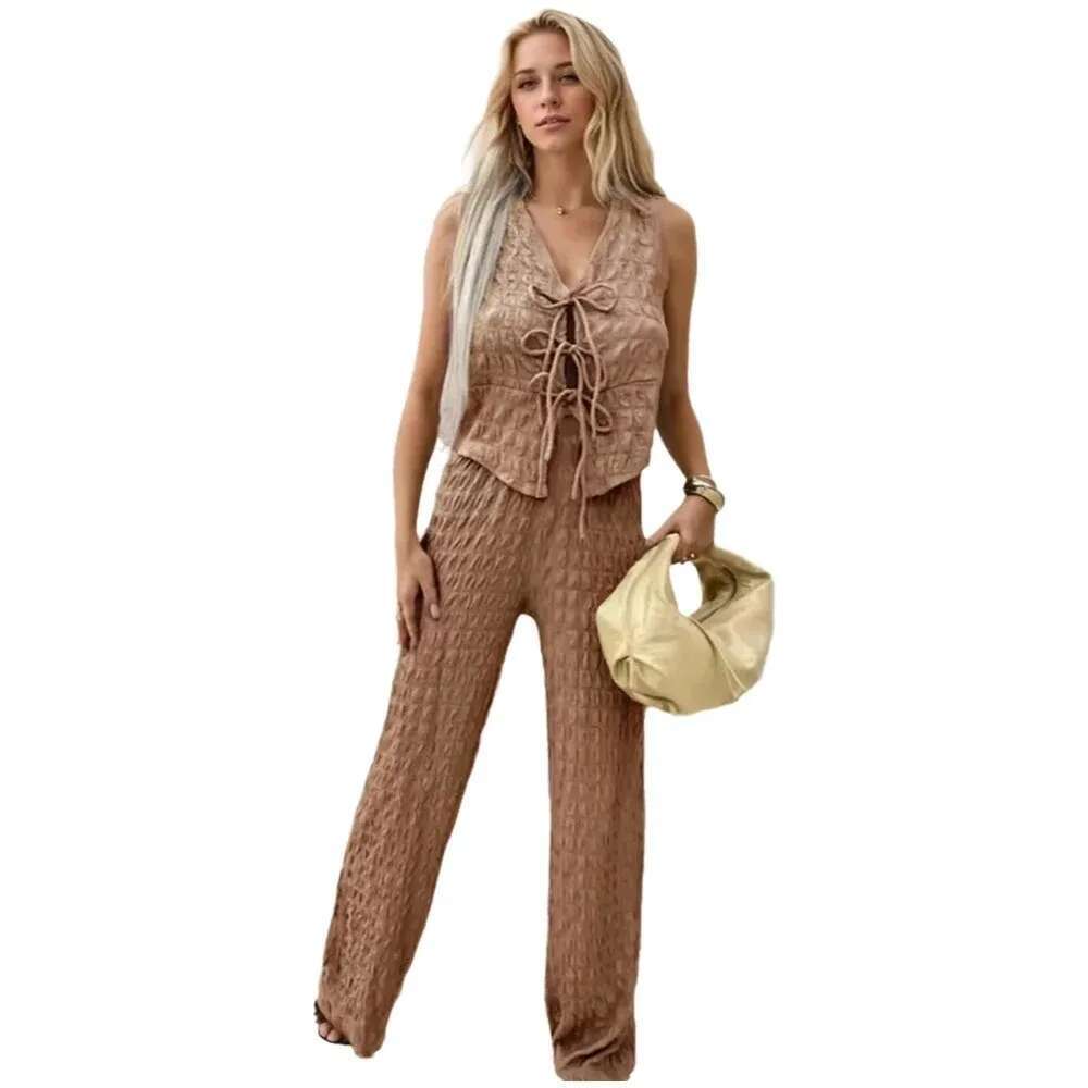 Fashion Long Pants Suit Summer Casual Solid Color Sleeveless V-Neck Tie Top And Straight-Leg Trousers Two Piece Sets For Women