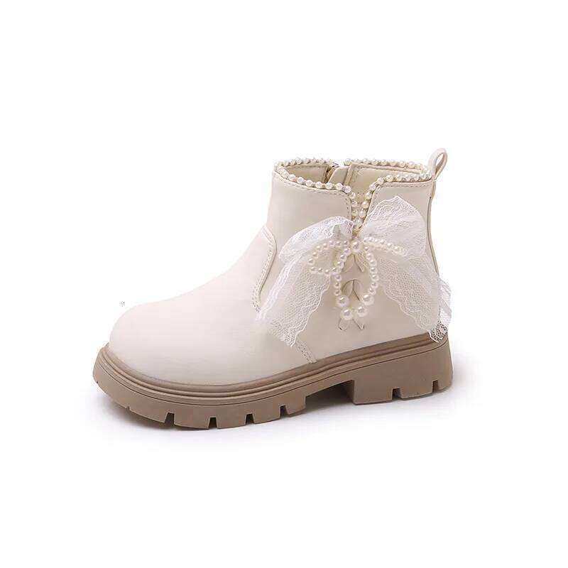 Princess Style Kids Leather Ankle Boots with Beaded Bow Soft Sole for Girls Autumn New 2025 Classic Christmas Party Footwear