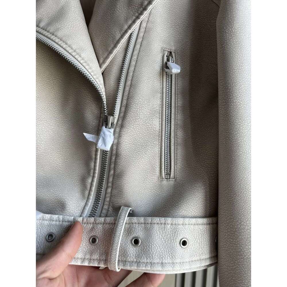 Faux Biker Jacket 2024 Traf New Y2k Lapel Zipper Decoration Loose Version Short Women's Imitation Leather Coat