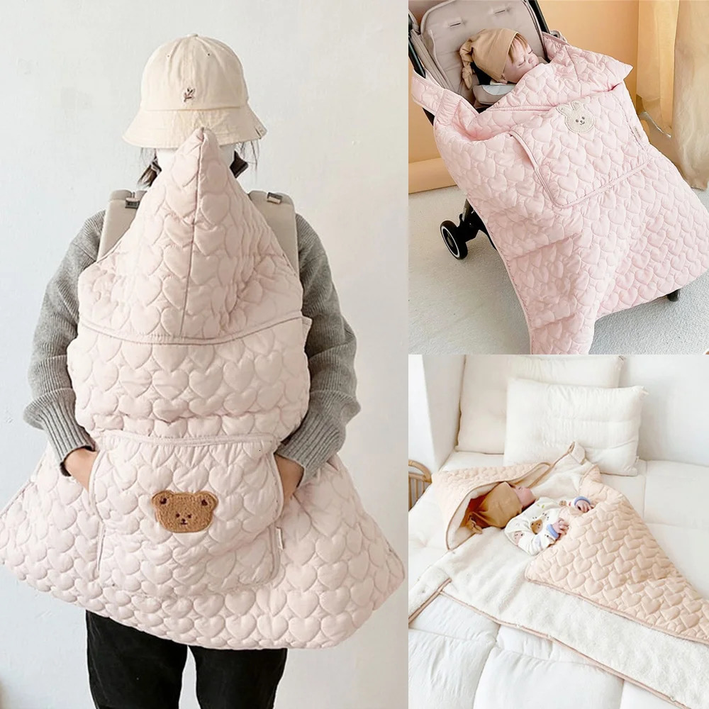 Windproof Baby Stroller Blanket Thick Fleece Sling Cover Bear Bunny Winter born Swaddle Wrap Hooded Infant Sleeping Quilt 250408