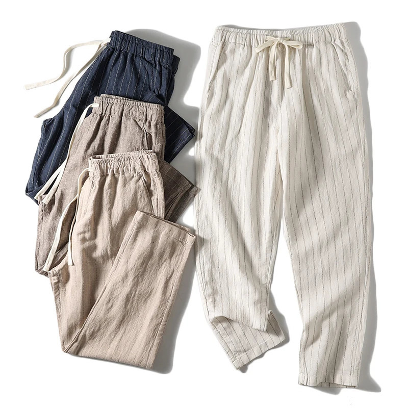 Cotton and Linen Comfortable Mens Fashion Trend Summer Pure Straight Stripe Thin Breathable Solid Color Loose Casual Pants 250408