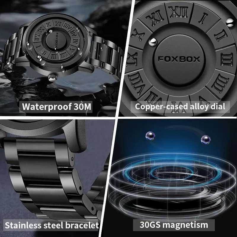 FOXBOX Watch Personalized Fashion Floating Magnetic Pointer Ball Free Bearing Creative Simple Waterproof Mens Quartz Watch Y250407