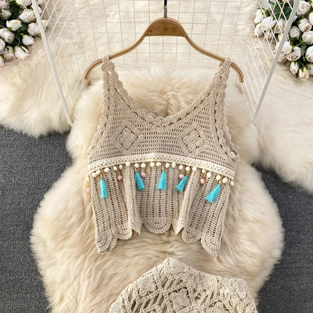 Holiday Knitted Two Pisses Suits Laca Up Halter Hollow Out BacklessDrawstring Tassel Solid Skirt Womens Set 250401